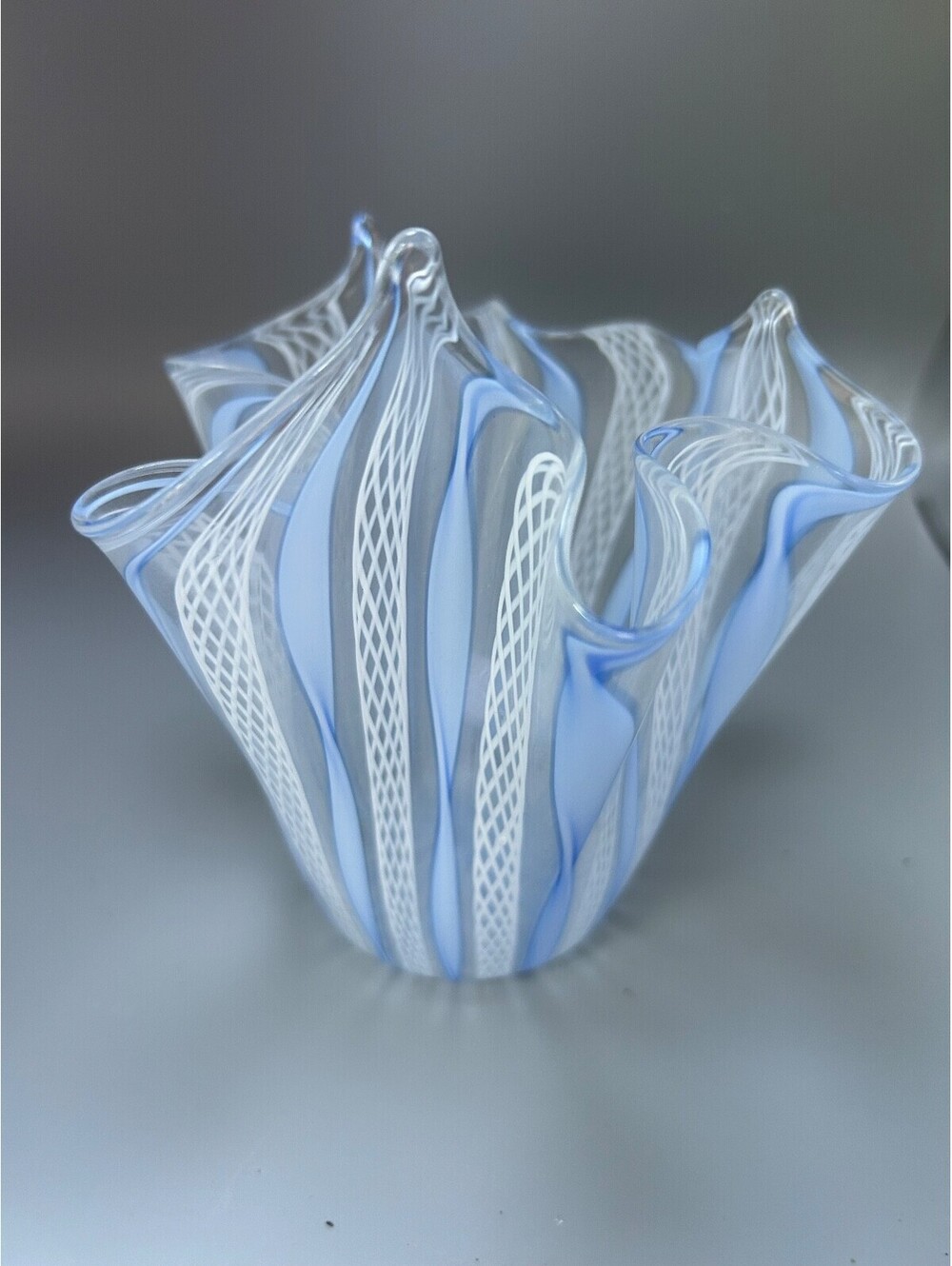 Vintage Murano Latticino Handkerchief Vase Blue White Zanfirico Glass Italy 5"